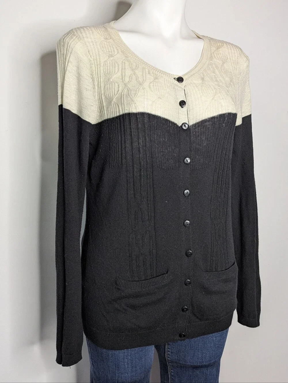 Anthro Sparrow Black White Lightweight Sheer Knit Button Up Cardigan Sweater L